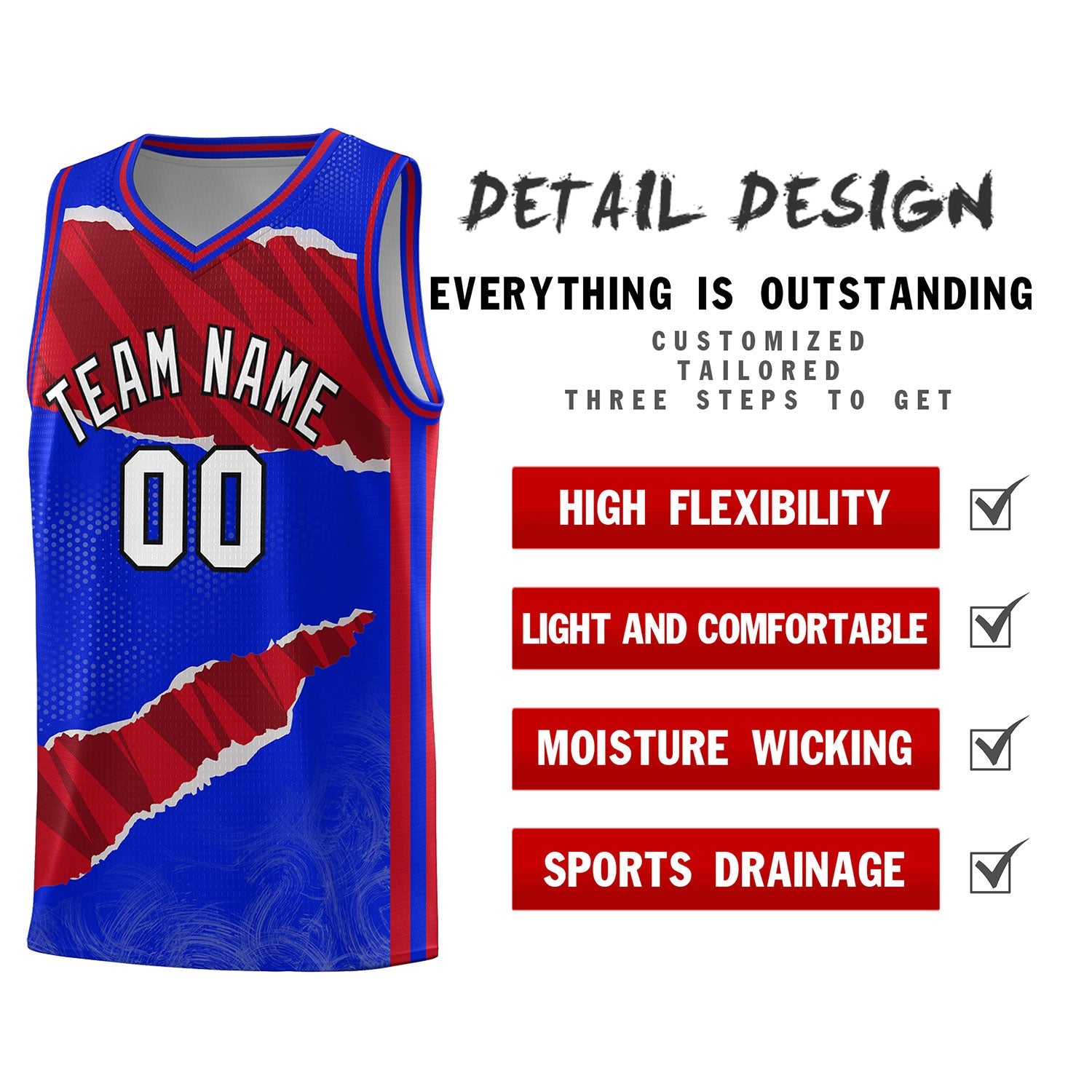 Custom Royal Red-Black Tear Graffiti Pattern Sports Uniform Basketball Jersey