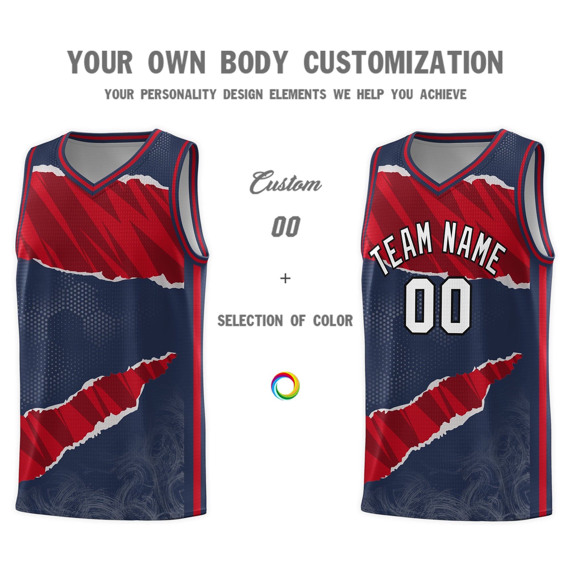 Custom Midnight Blue Red-Black Tear Graffiti Pattern Sports Uniform Basketball Jersey