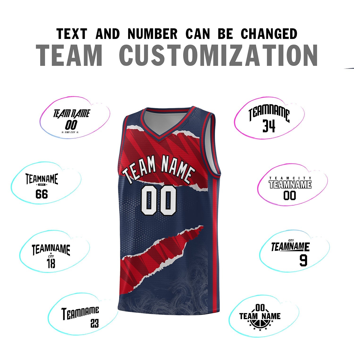 Custom Midnight Blue Red-Black Tear Graffiti Pattern Sports Uniform Basketball Jersey