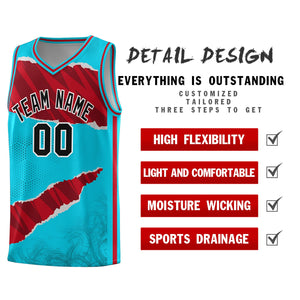 Custom Sky Blue Red-Black Tear Graffiti Pattern Sports Uniform Basketball Jersey