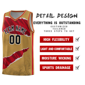 Custom Old Gold Red-Black Tear Graffiti Pattern Sports Uniform Basketball Jersey