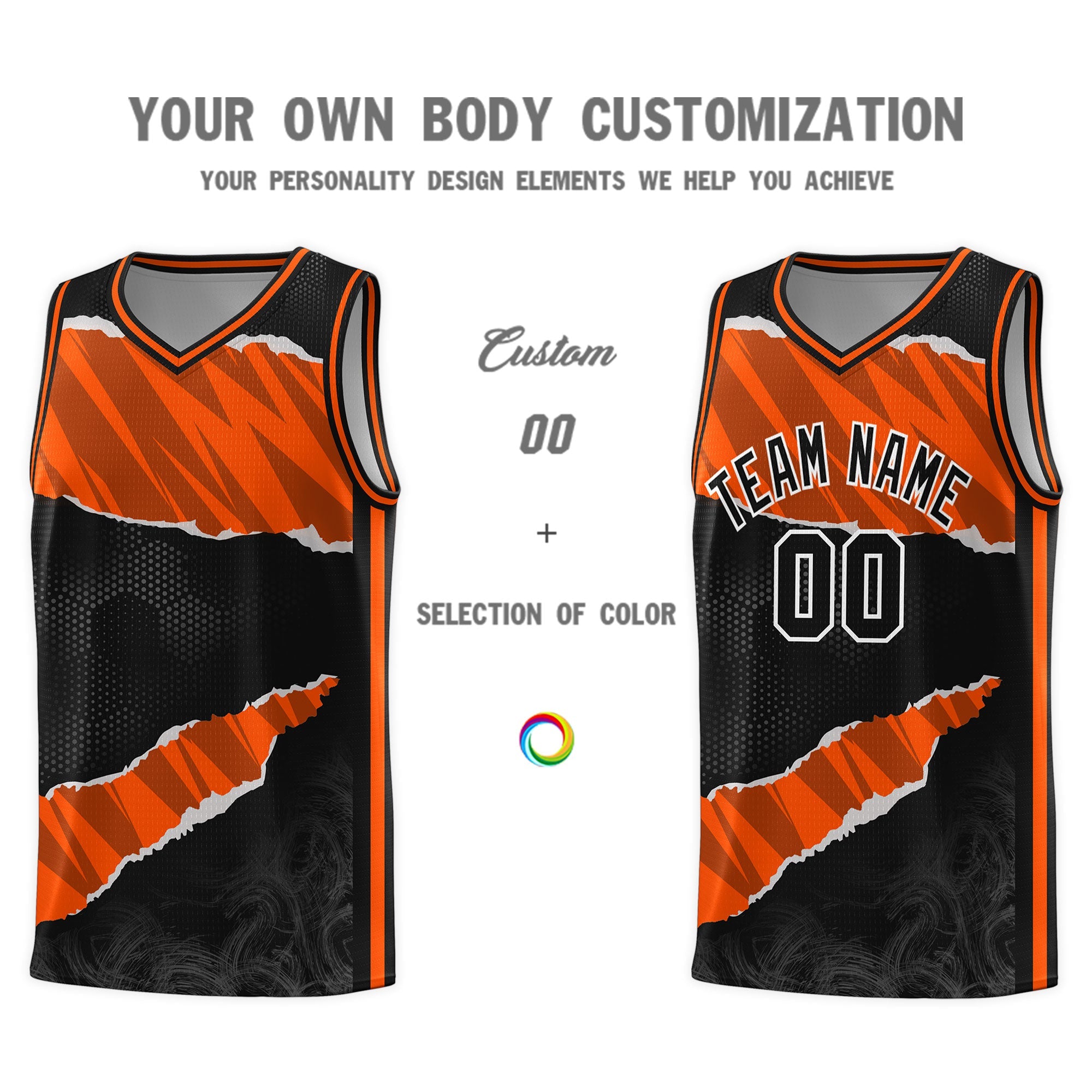 Custom Black Orange-Black Tear Graffiti Pattern Sports Uniform Basketball Jersey