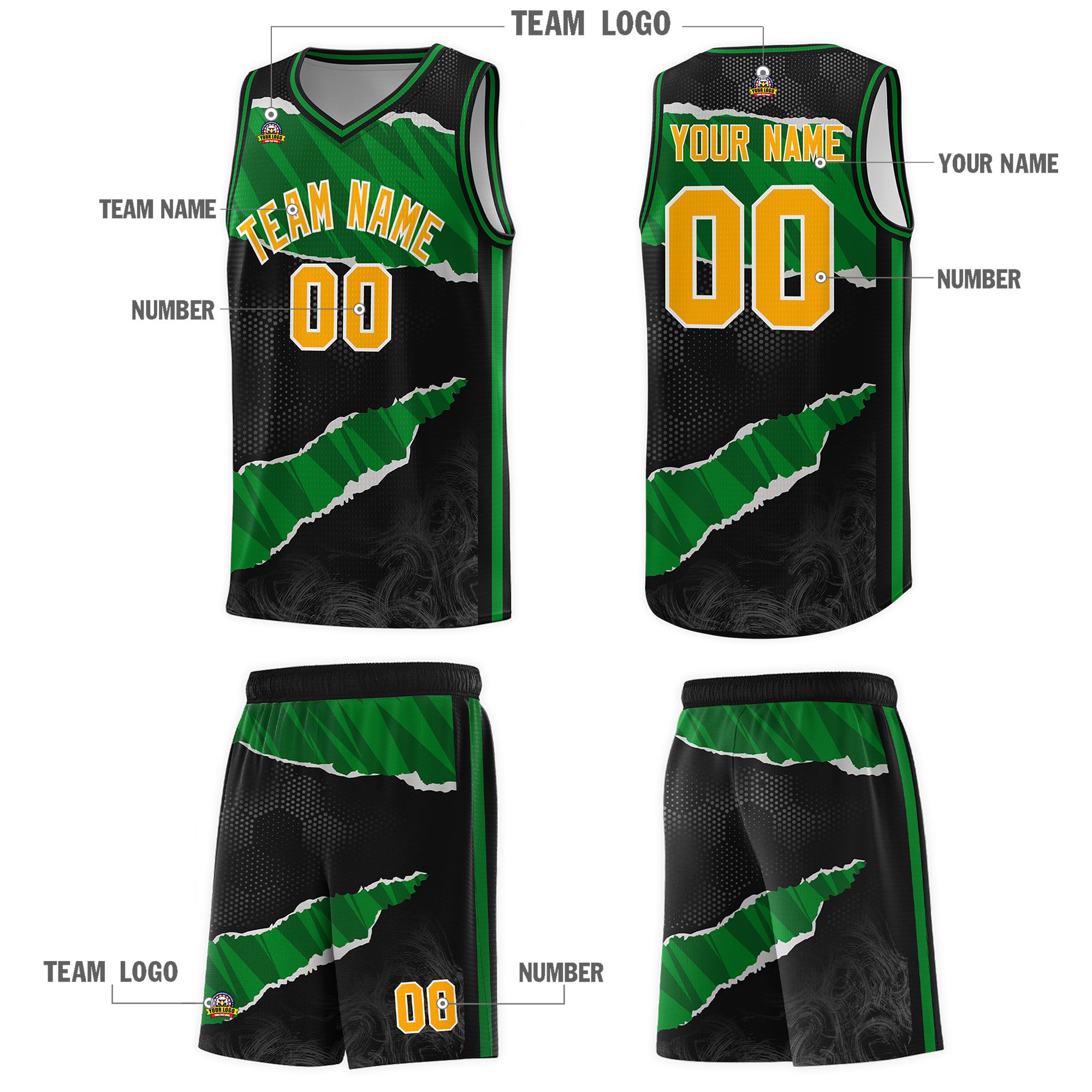 Custom Black Kelly Green-Black Tear Graffiti Pattern Sports Uniform Basketball Jersey