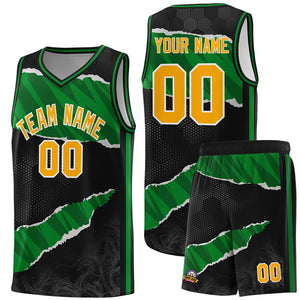 Custom Black Kelly Green-Black Tear Graffiti Pattern Sports Uniform Basketball Jersey