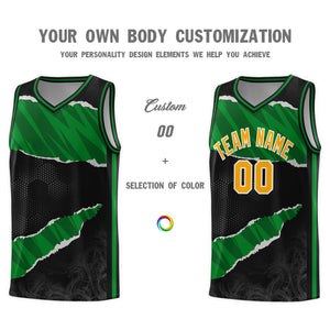 Custom Black Kelly Green-Black Tear Graffiti Pattern Sports Uniform Basketball Jersey