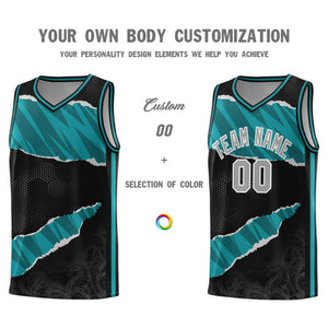 Custom Black Aqua-Black Tear Graffiti Pattern Sports Uniform Basketball Jersey