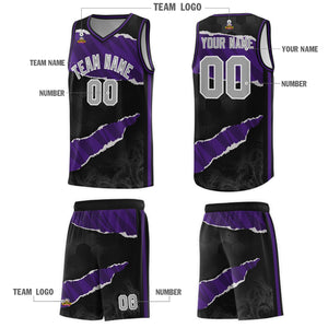 Custom Black Purple-Black Tear Graffiti Pattern Sports Uniform Basketball Jersey