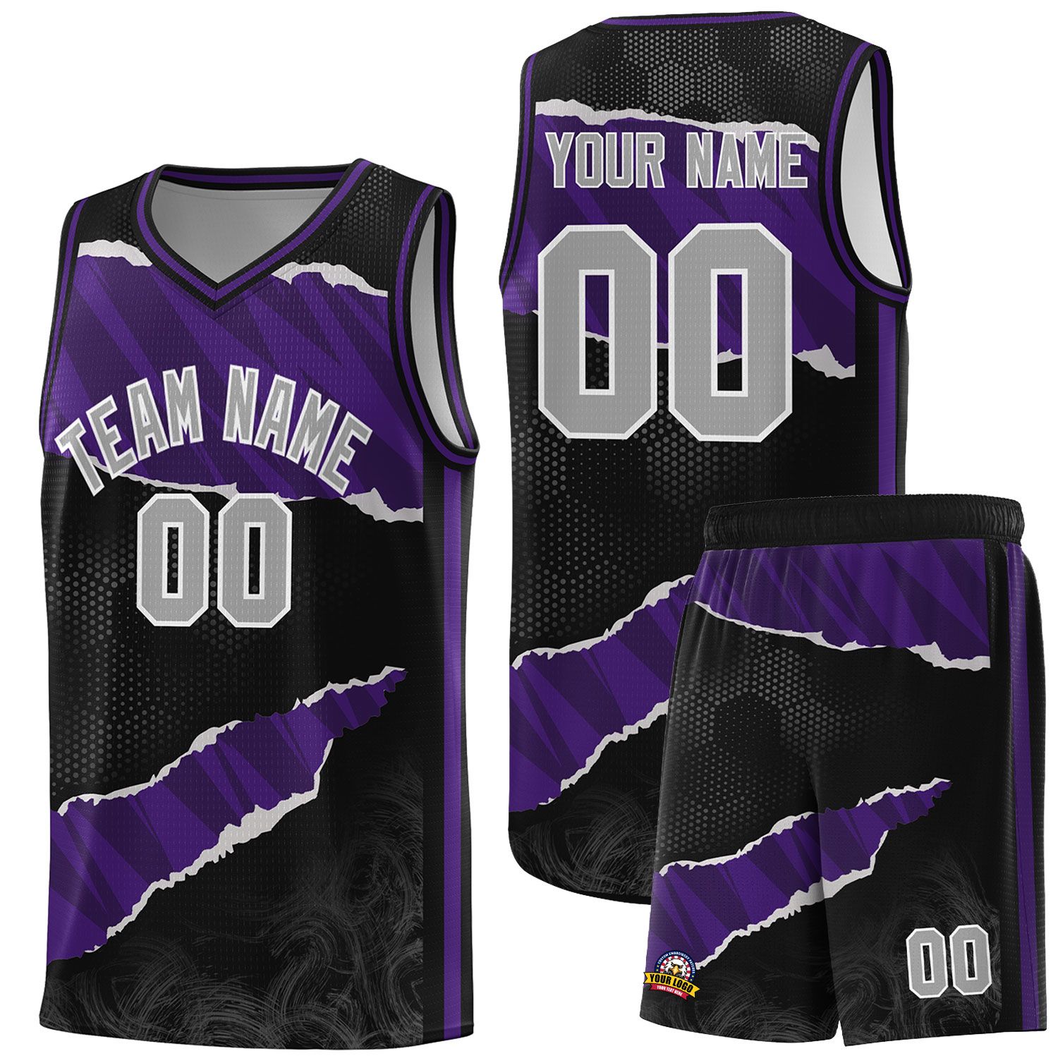 Custom Black Purple-Black Tear Graffiti Pattern Sports Uniform Basketball Jersey