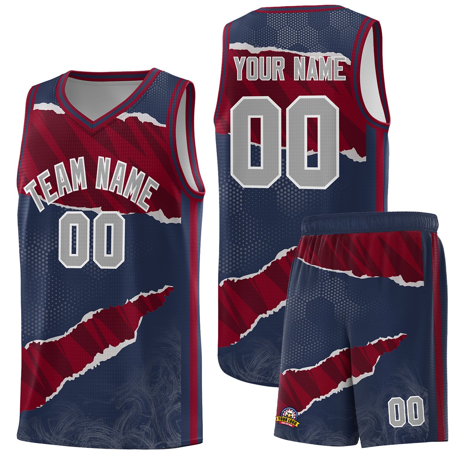 Custom Midnight Blue Crimson-Black Tear Graffiti Pattern Sports Uniform Basketball Jersey