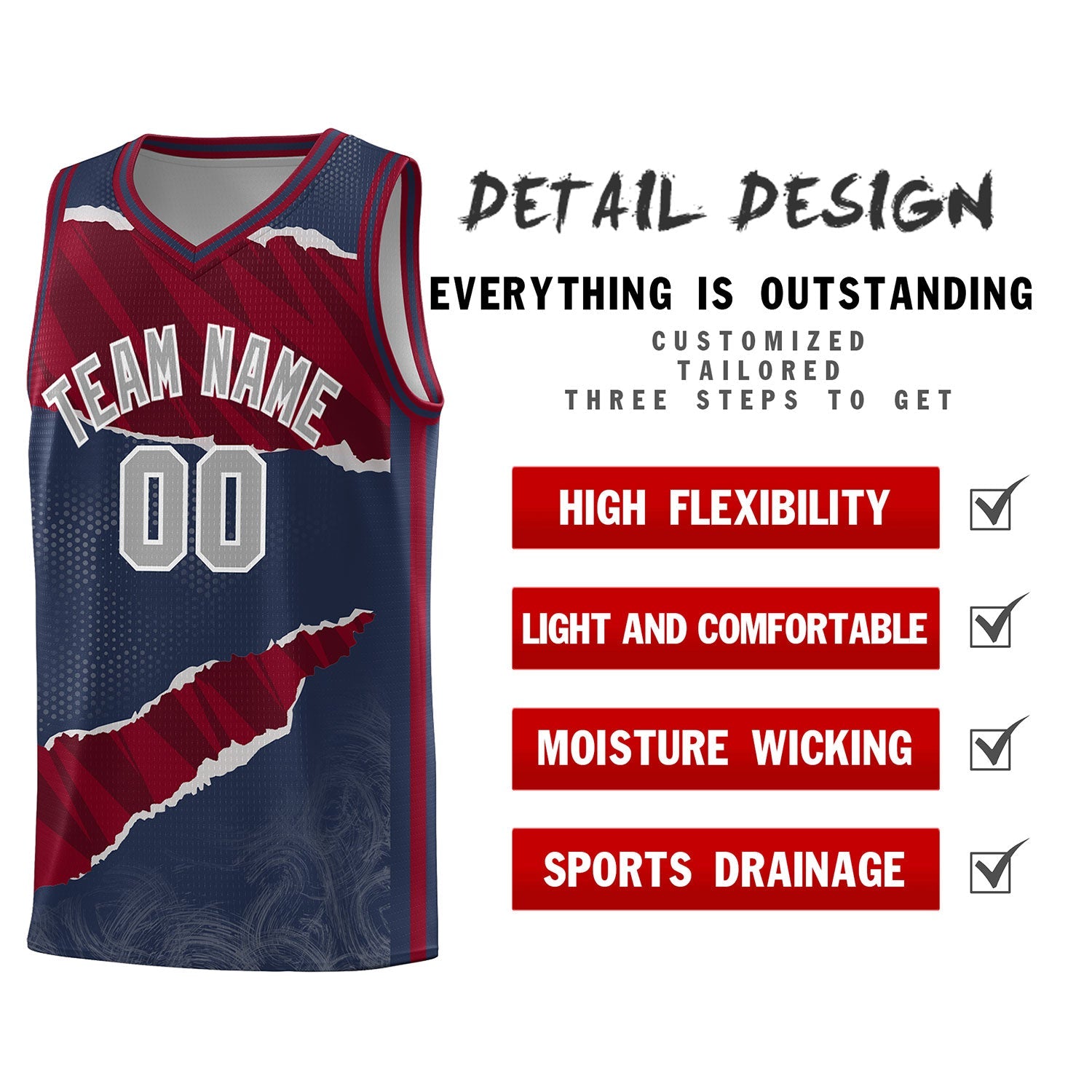 Custom Midnight Blue Crimson-Black Tear Graffiti Pattern Sports Uniform Basketball Jersey