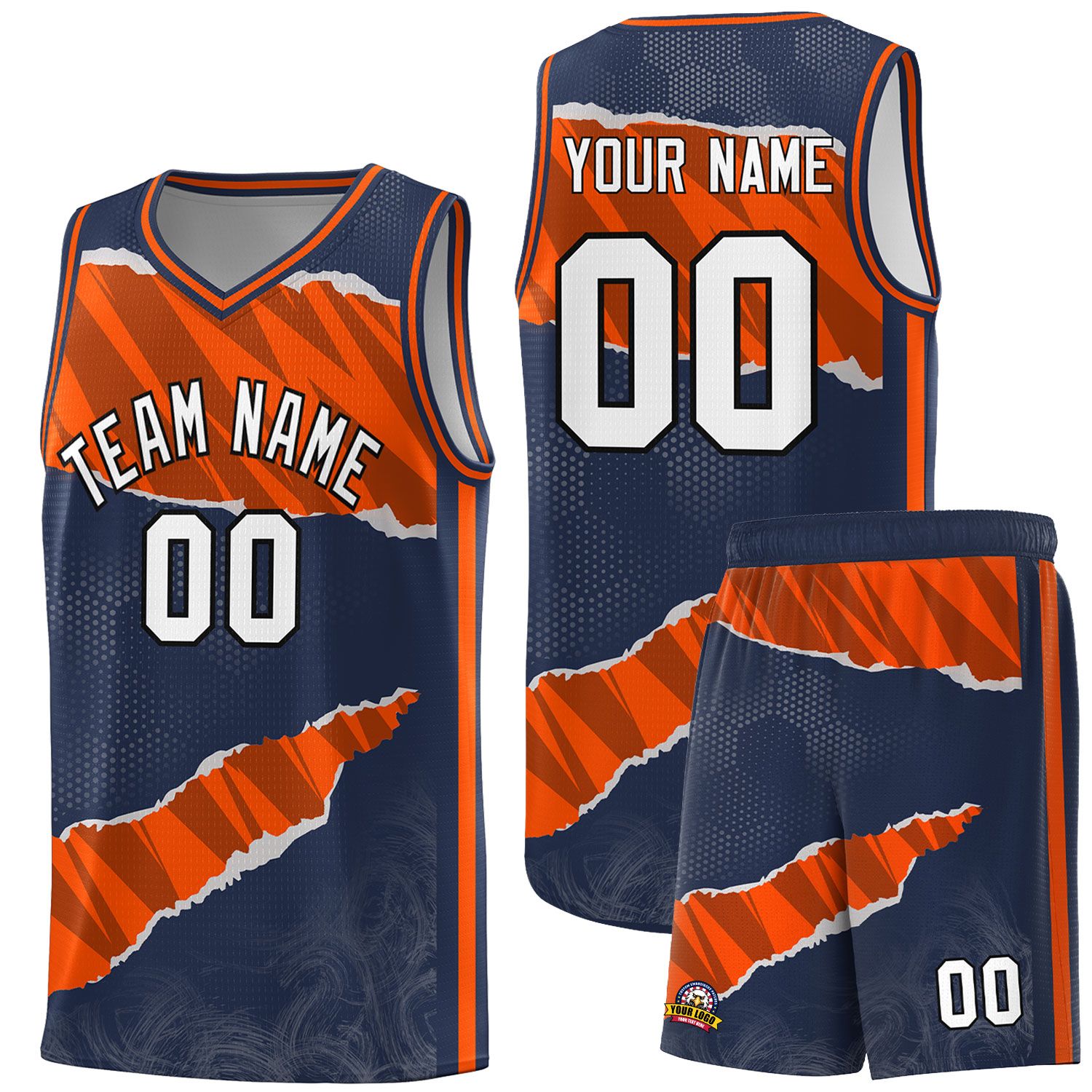 Custom Midnight Blue Orange-Black Tear Graffiti Pattern Sports Uniform Basketball Jersey