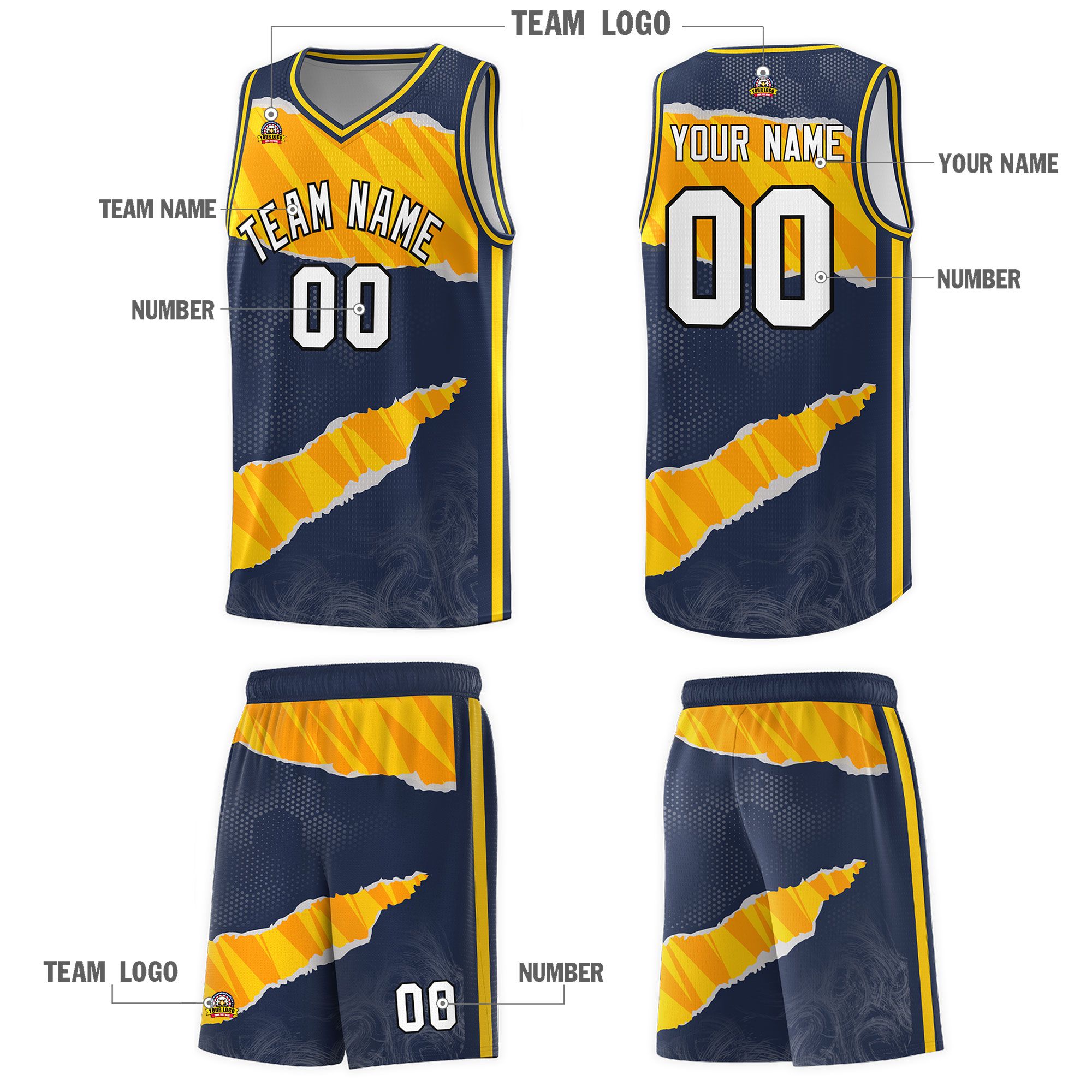 Custom Midnight Blue Gold-Orange Tear Graffiti Pattern Sports Uniform Basketball Jersey