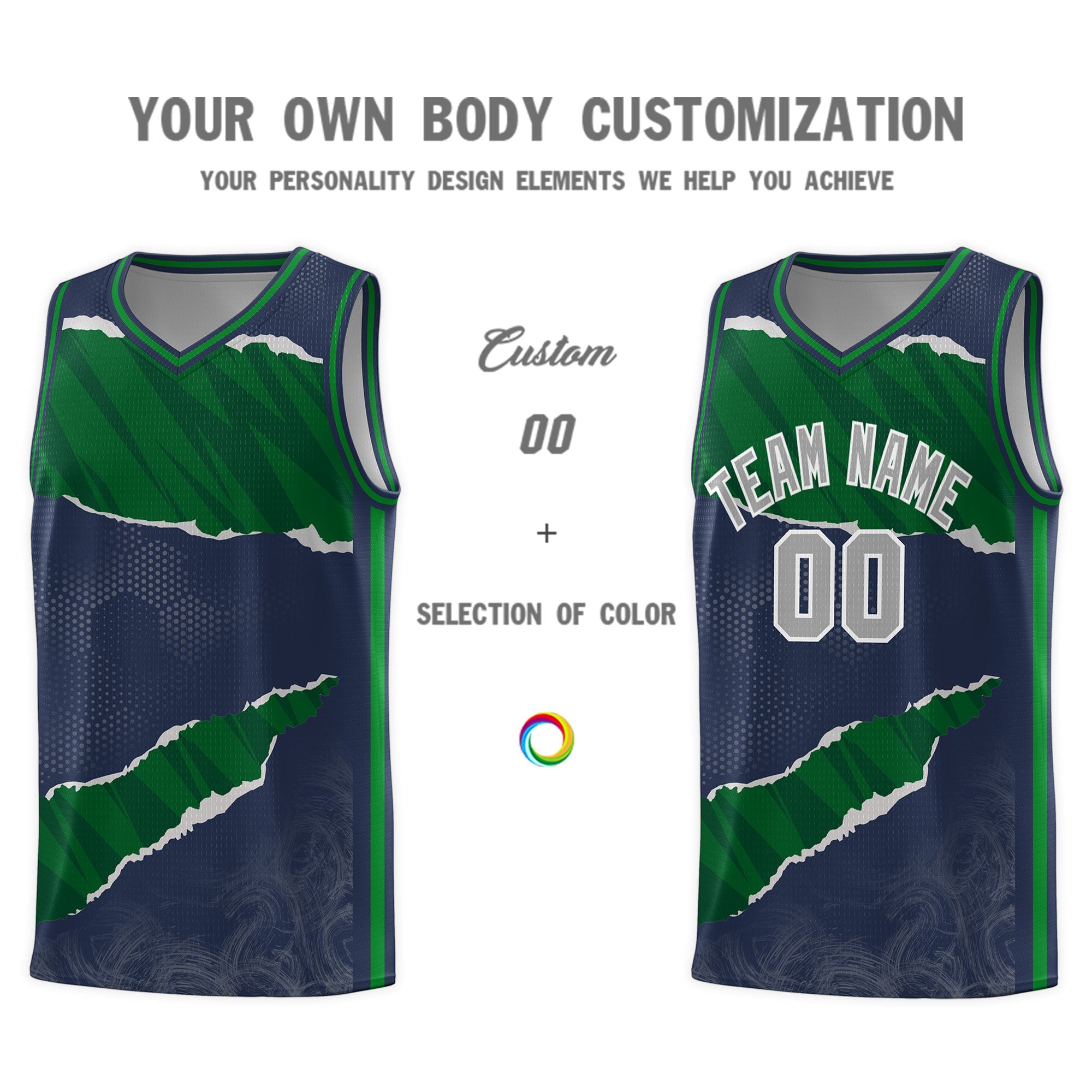 Custom Midnight Blue Kelly Green-Hunter Green Tear Graffiti Pattern Sports Uniform Basketball Jersey