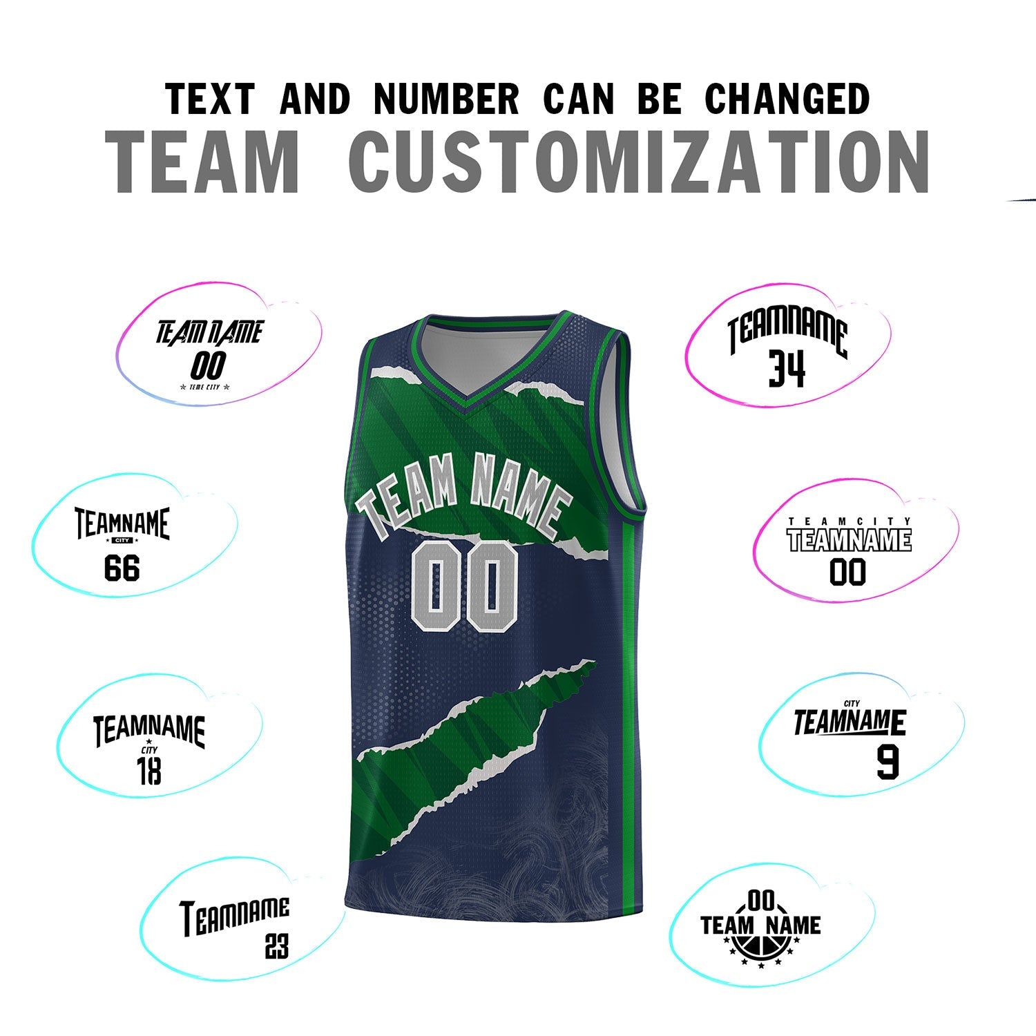 Custom Midnight Blue Kelly Green-Hunter Green Tear Graffiti Pattern Sports Uniform Basketball Jersey