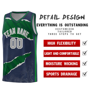 Custom Midnight Blue Kelly Green-Hunter Green Tear Graffiti Pattern Sports Uniform Basketball Jersey