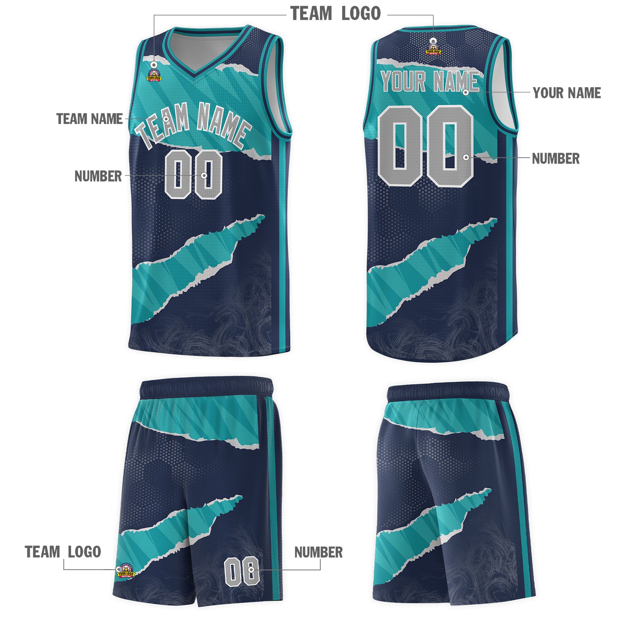 Custom Midnight Blue Aqua-Aqua Tear Graffiti Pattern Sports Uniform Basketball Jersey