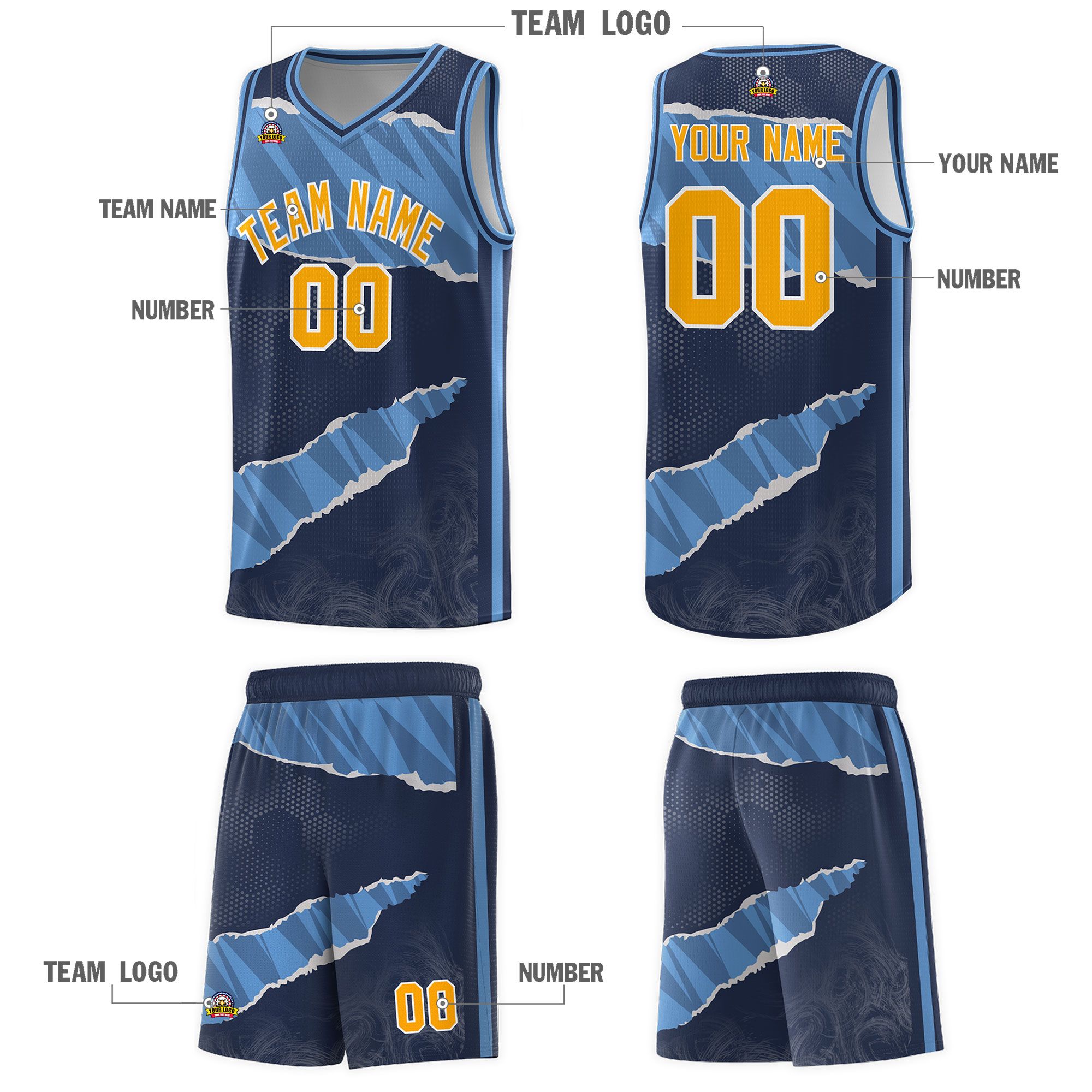 Custom Midnight Blue Light Blue-Navy Tear Graffiti Pattern Sports Uniform Basketball Jersey