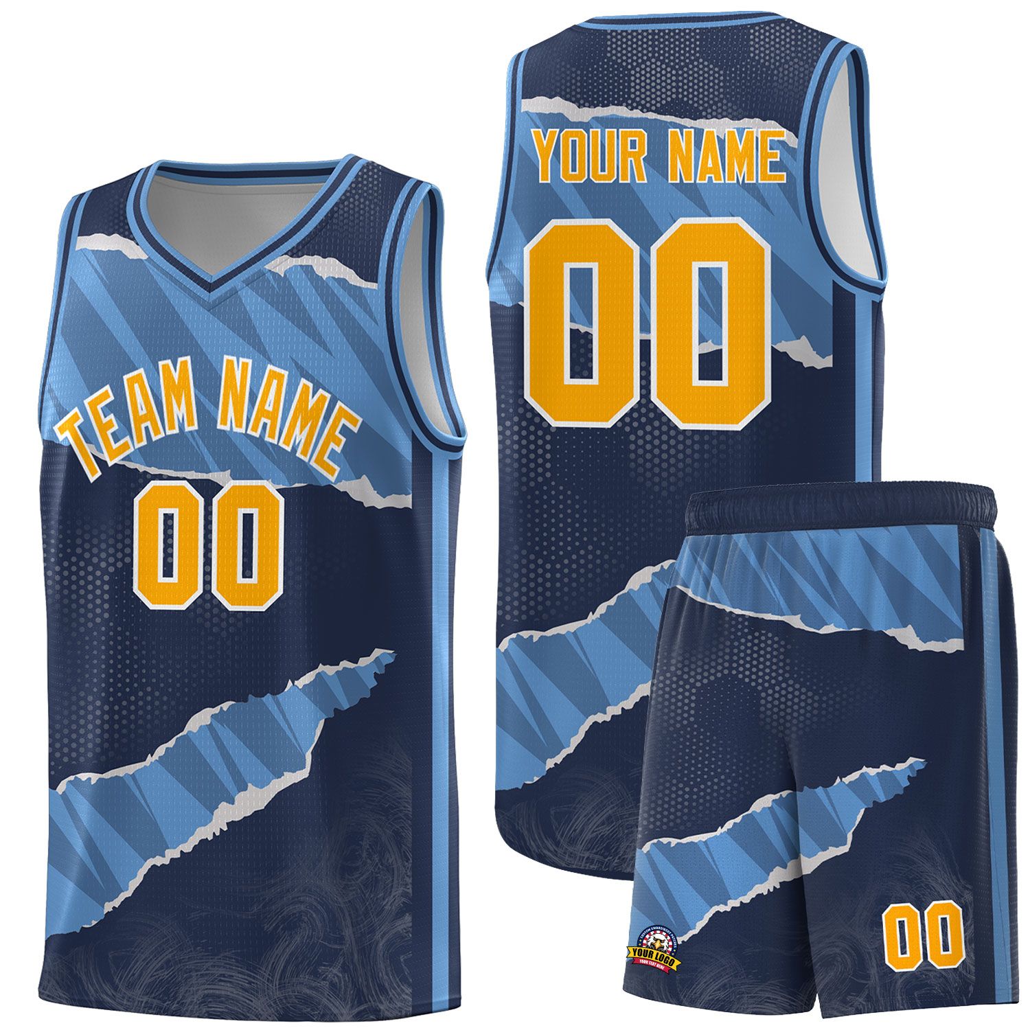 Custom Midnight Blue Light Blue-Navy Tear Graffiti Pattern Sports Uniform Basketball Jersey