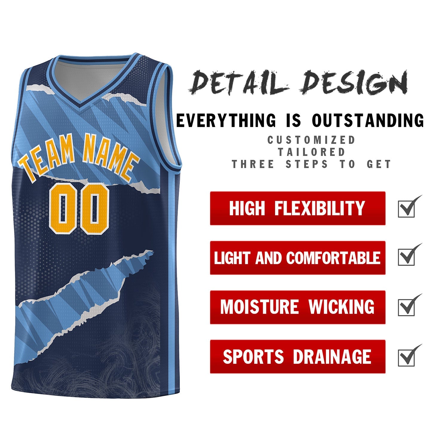 Custom Midnight Blue Light Blue-Navy Tear Graffiti Pattern Sports Uniform Basketball Jersey