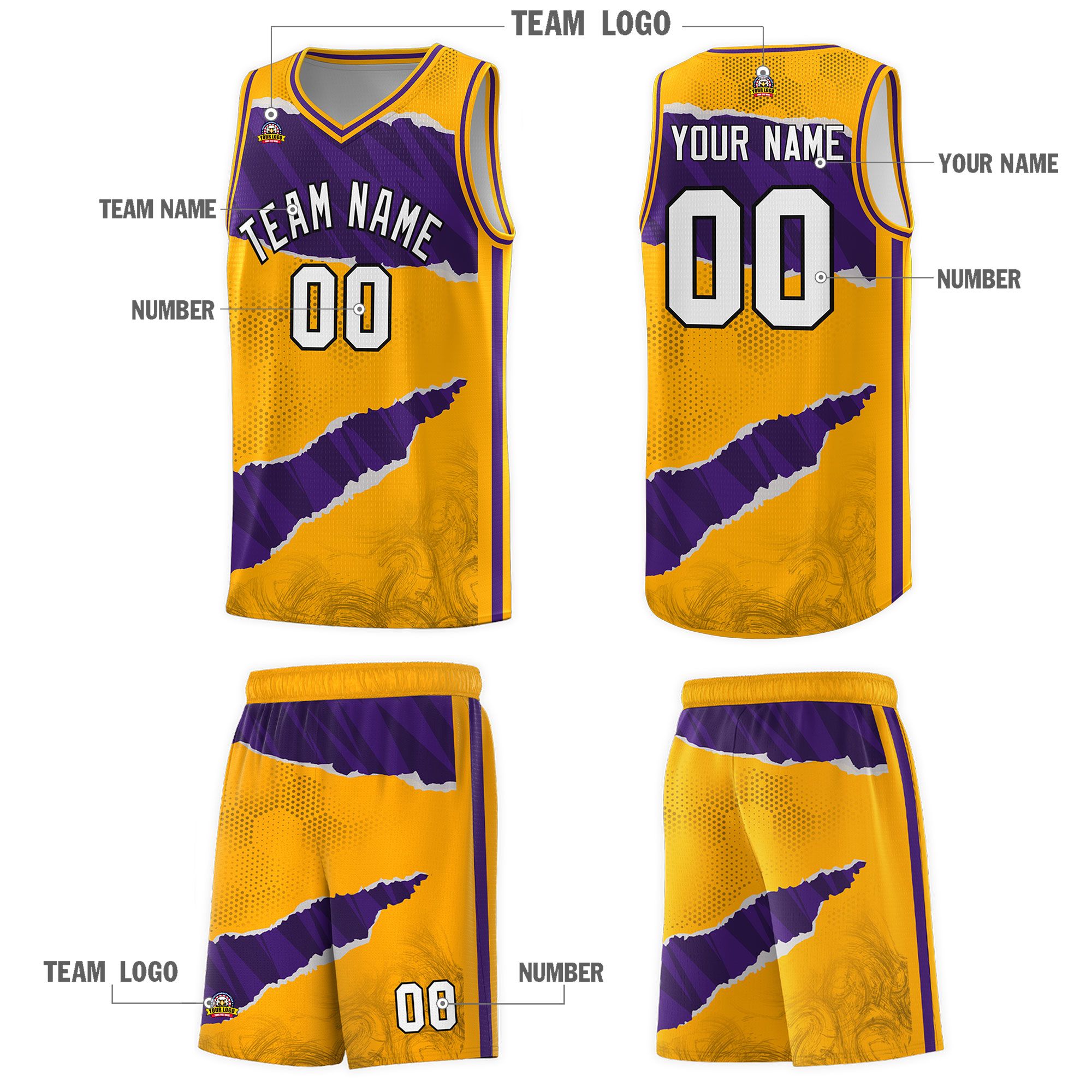 Custom Yellow Purple-Black Tear Graffiti Pattern Sports Uniform Basketball Jersey