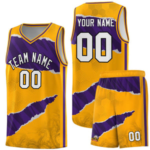 Custom Yellow Purple-Black Tear Graffiti Pattern Sports Uniform Basketball Jersey