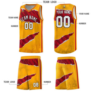 Custom Yellow Red-Black Tear Graffiti Pattern Sports Uniform Basketball Jersey