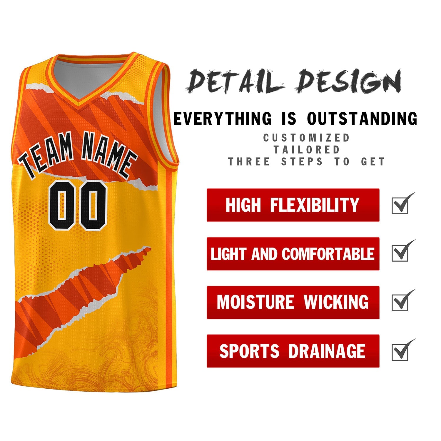 Custom Yellow Orange-Black Tear Graffiti Pattern Sports Uniform Basketball Jersey