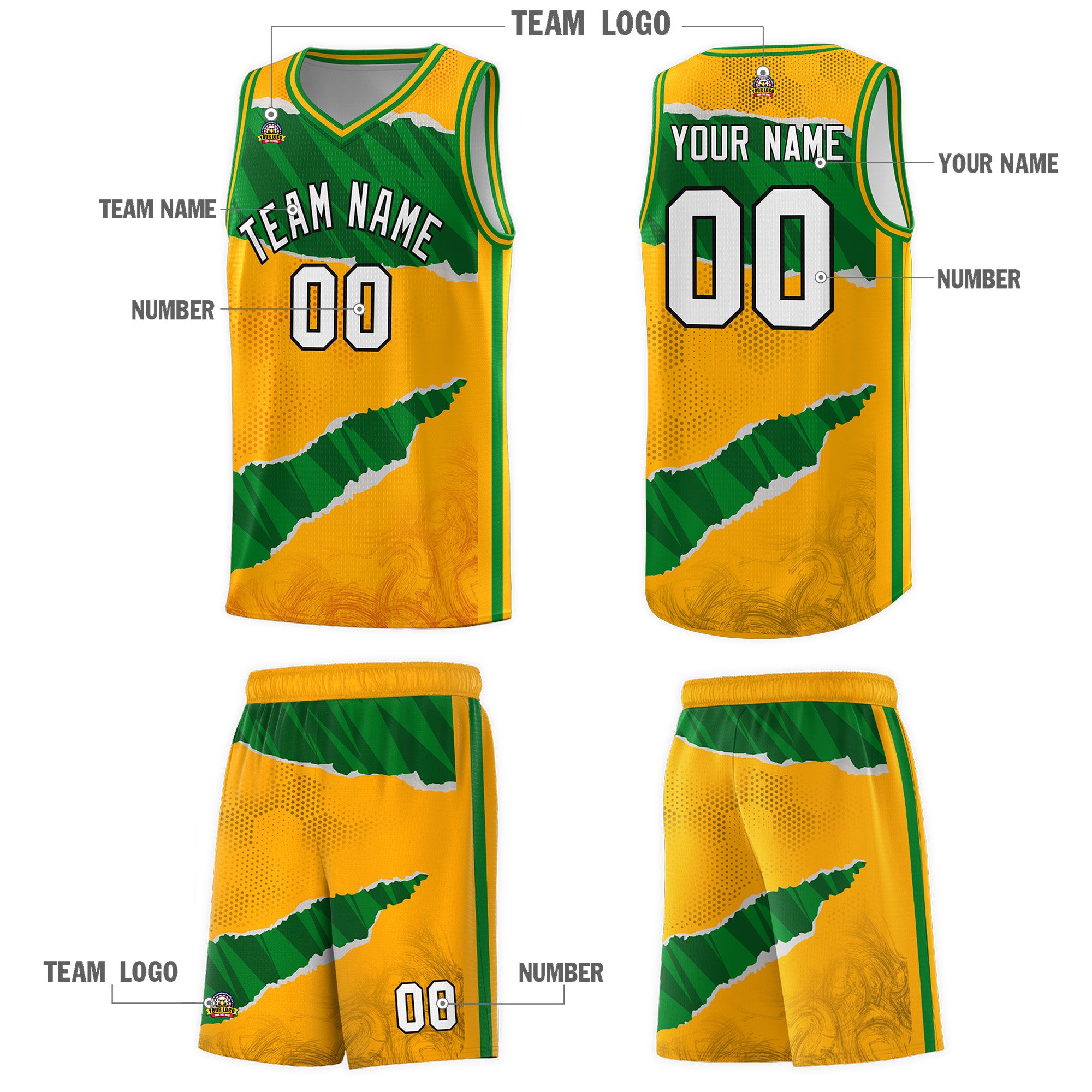 Custom Yellow Kelly Green-Hunter Green Tear Graffiti Pattern Sports Uniform Basketball Jersey