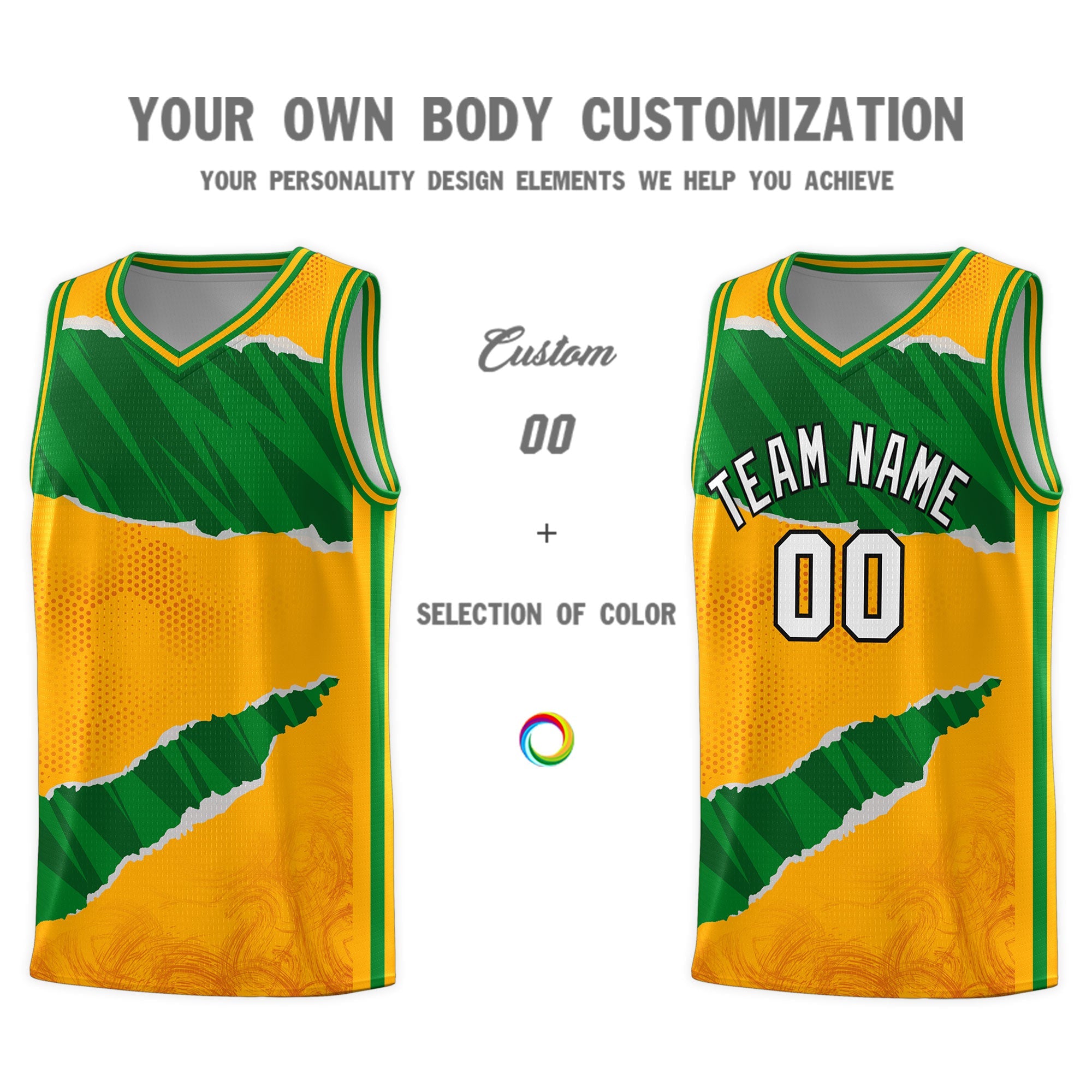 Custom Yellow Kelly Green-Hunter Green Tear Graffiti Pattern Sports Uniform Basketball Jersey