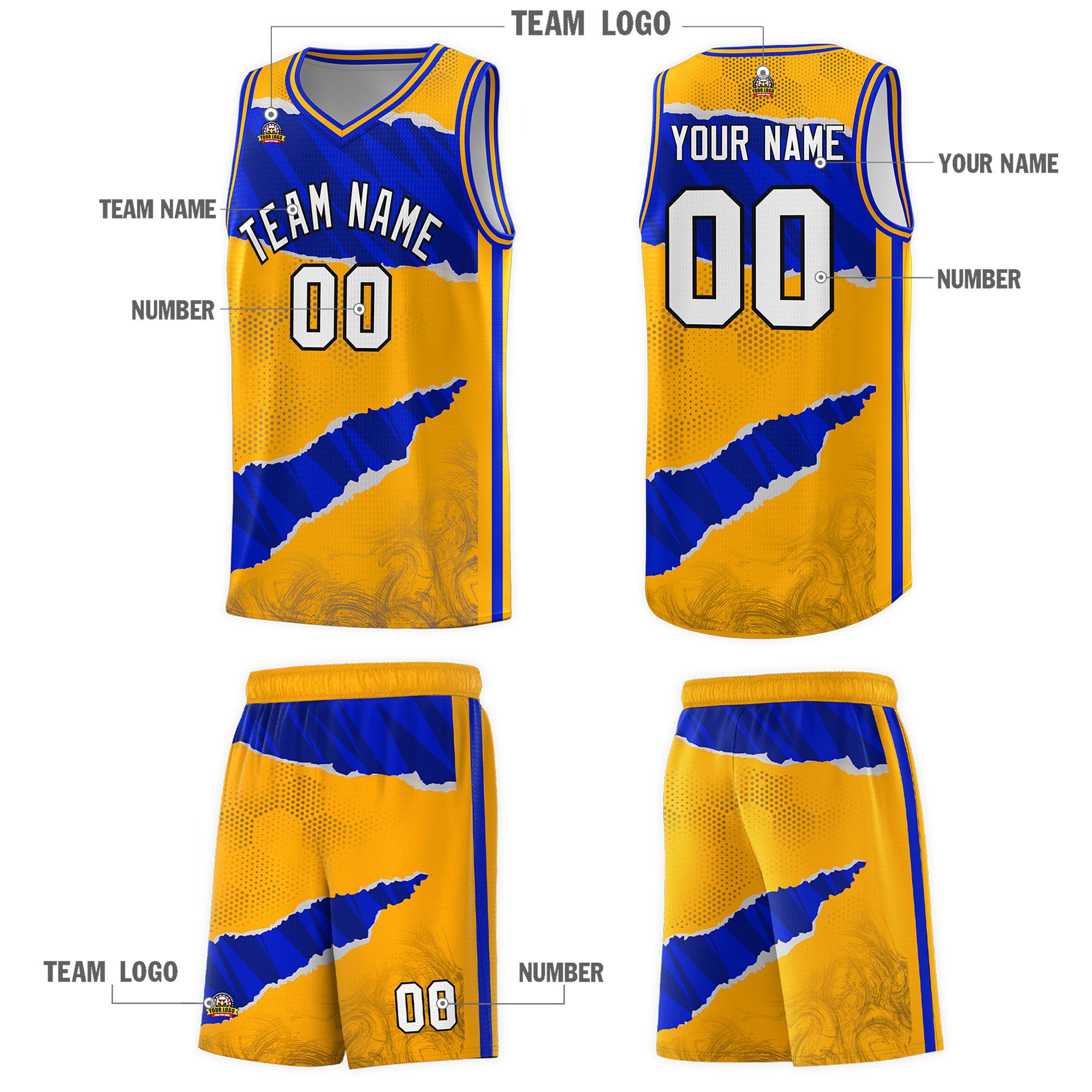 Custom Yellow Royal-Navy Tear Graffiti Pattern Sports Uniform Basketball Jersey