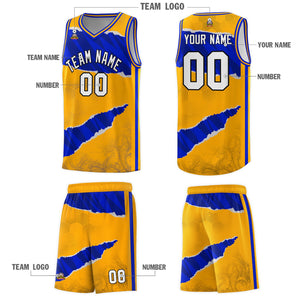 Custom Yellow Royal-Navy Tear Graffiti Pattern Sports Uniform Basketball Jersey