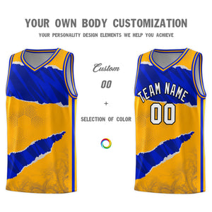 Custom Yellow Royal-Navy Tear Graffiti Pattern Sports Uniform Basketball Jersey