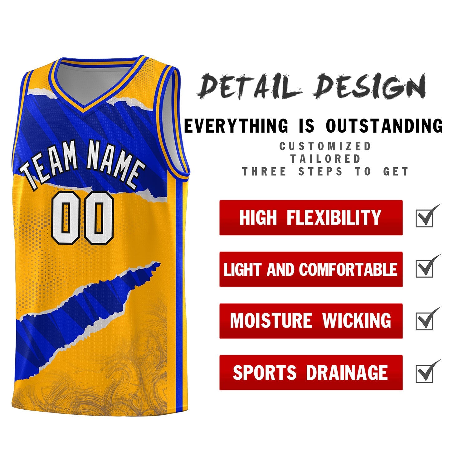 Custom Yellow Royal-Navy Tear Graffiti Pattern Sports Uniform Basketball Jersey