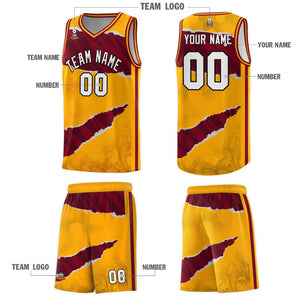 Custom Yellow Crimson-Black Tear Graffiti Pattern Sports Uniform Basketball Jersey