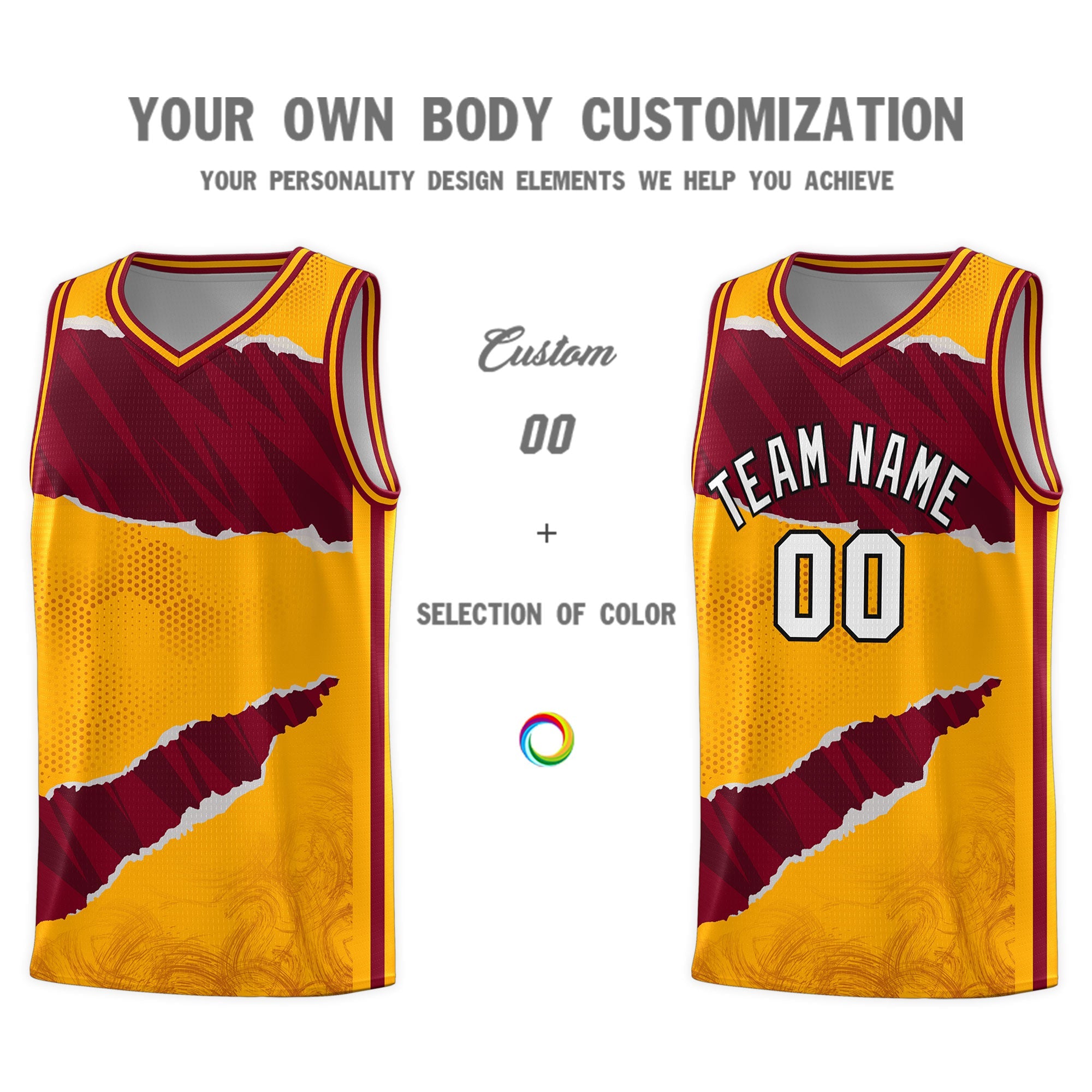 Custom Yellow Crimson-Black Tear Graffiti Pattern Sports Uniform Basketball Jersey