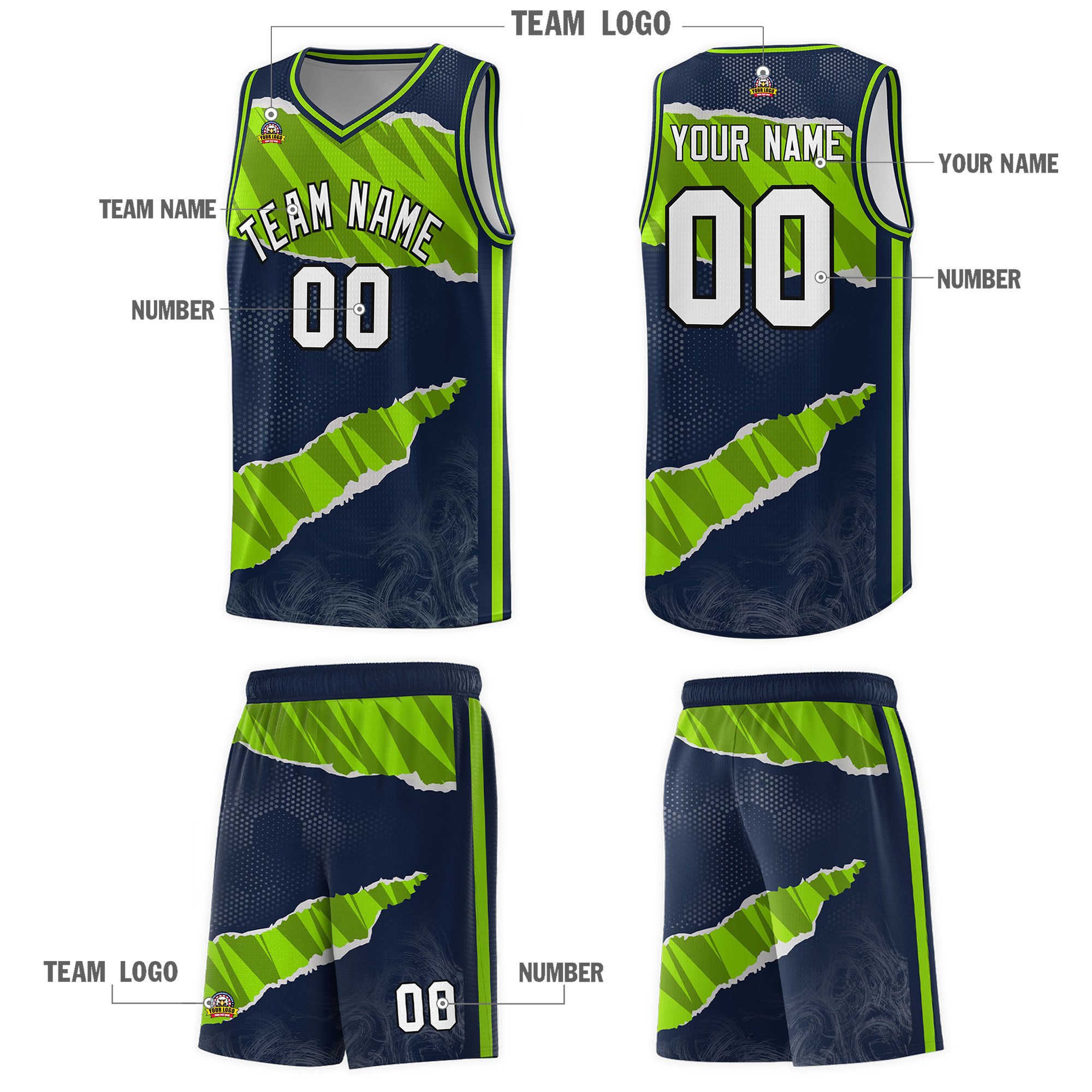 Custom Navy Neon Green-Black Tear Graffiti Pattern Sports Uniform Basketball Jersey