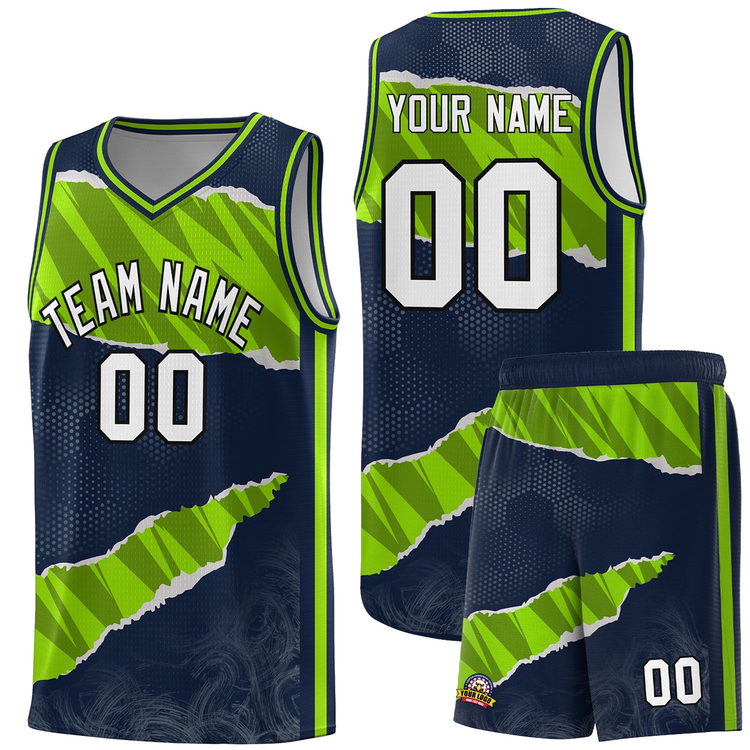 Custom Navy Neon Green-Black Tear Graffiti Pattern Sports Uniform Basketball Jersey