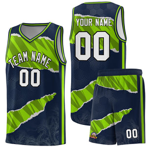 Custom Navy Neon Green-Black Tear Graffiti Pattern Sports Uniform Basketball Jersey