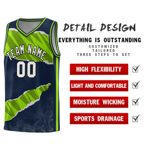 Custom Navy Neon Green-Black Tear Graffiti Pattern Sports Uniform Basketball Jersey