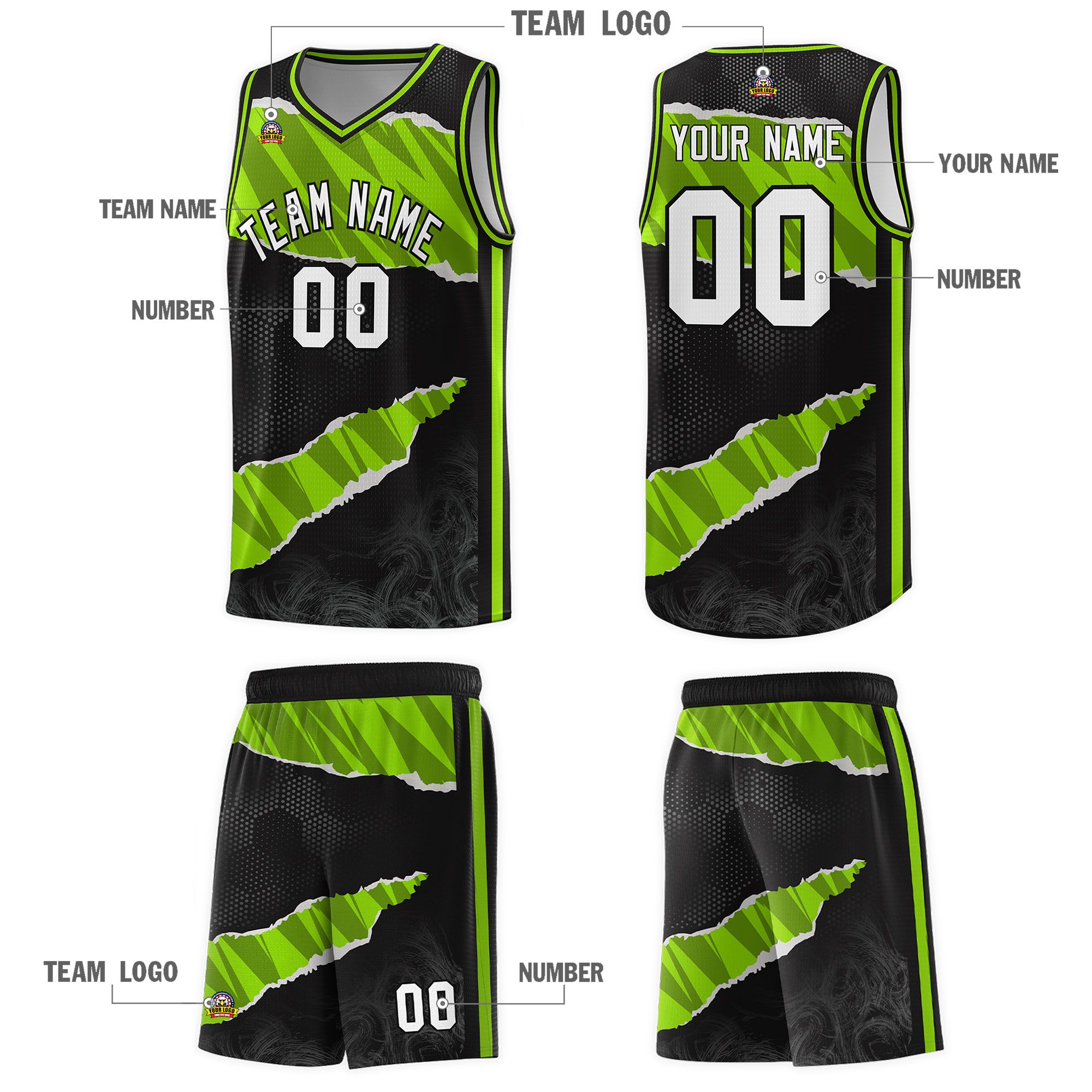 Custom Black Neon Green-Black Tear Graffiti Pattern Sports Uniform Basketball Jersey