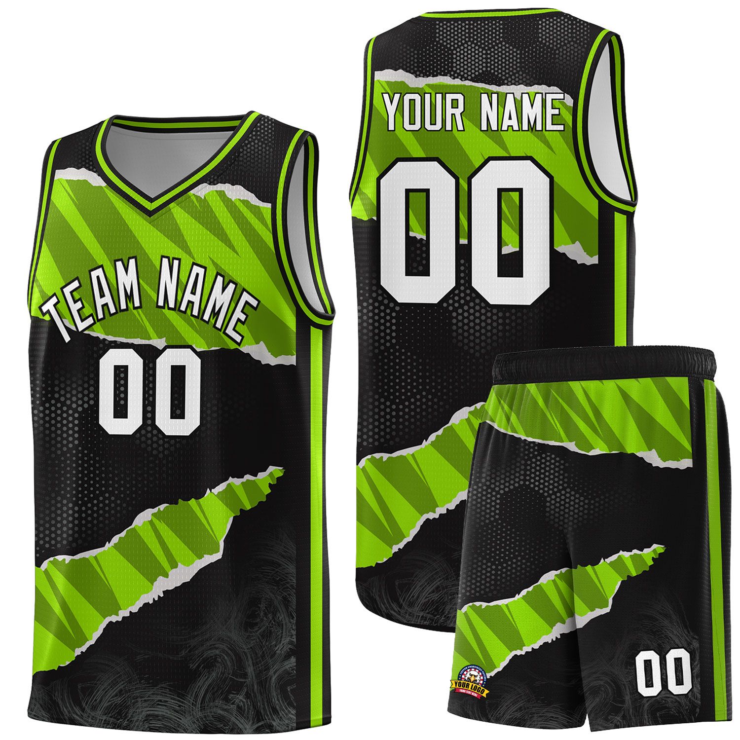 Custom Black Neon Green-Black Tear Graffiti Pattern Sports Uniform Basketball Jersey