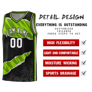 Custom Black Neon Green-Black Tear Graffiti Pattern Sports Uniform Basketball Jersey