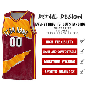 Custom Crimson Yellow-Orange Tear Graffiti Pattern Sports Uniform Basketball Jersey