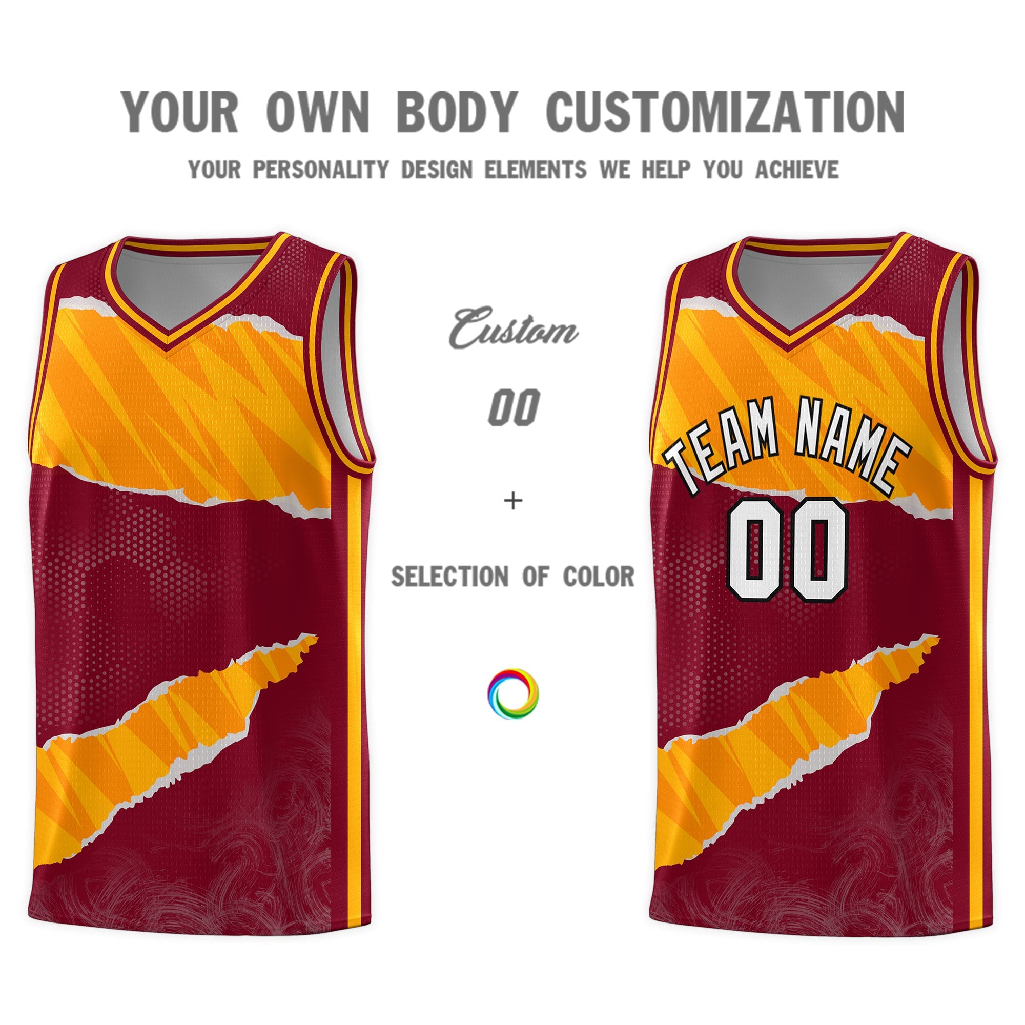 Custom Crimson Yellow-Orange Tear Graffiti Pattern Sports Uniform Basketball Jersey