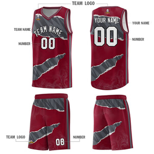 Custom Crimson Gray-Dark Gray Tear Graffiti Pattern Sports Uniform Basketball Jersey