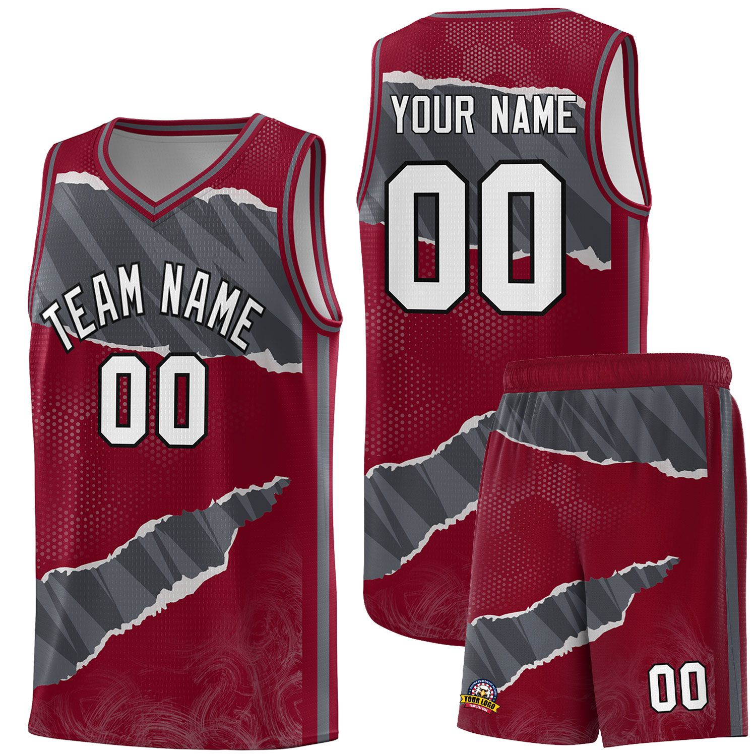 Custom Crimson Gray-Dark Gray Tear Graffiti Pattern Sports Uniform Basketball Jersey