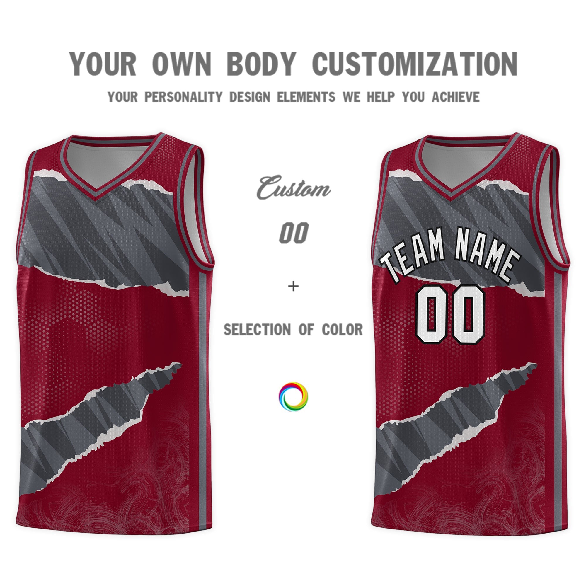 Custom Crimson Gray-Dark Gray Tear Graffiti Pattern Sports Uniform Basketball Jersey