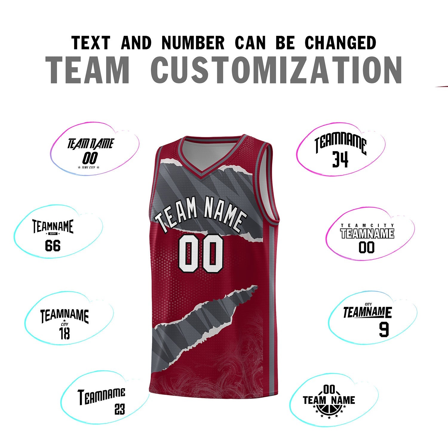 Custom Crimson Gray-Dark Gray Tear Graffiti Pattern Sports Uniform Basketball Jersey