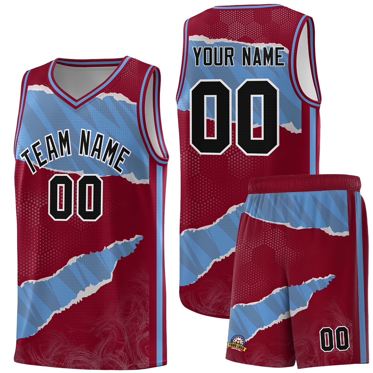 Custom Crimson Light Blue-Crimson Tear Graffiti Pattern Sports Uniform Basketball Jersey