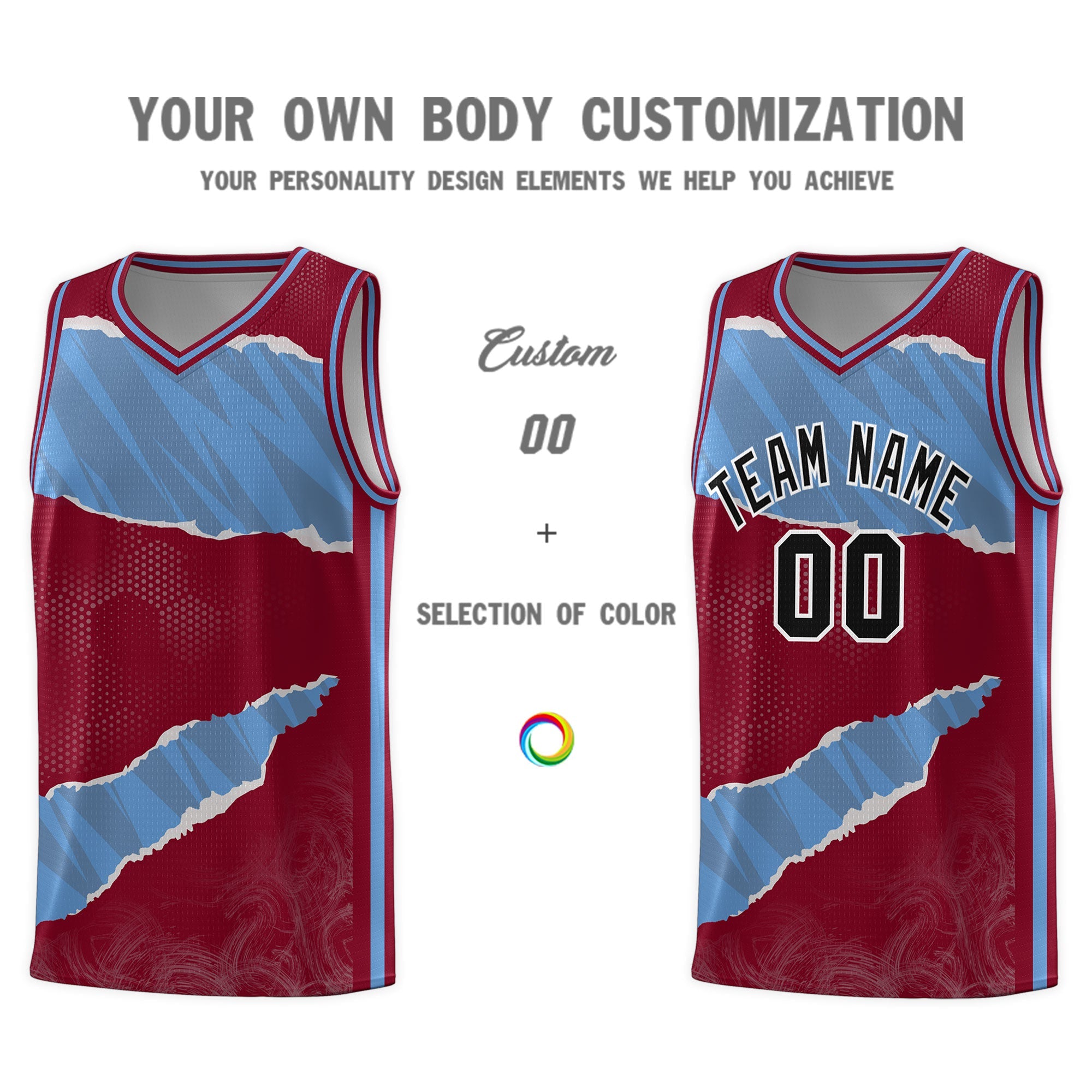 Custom Crimson Light Blue-Crimson Tear Graffiti Pattern Sports Uniform Basketball Jersey